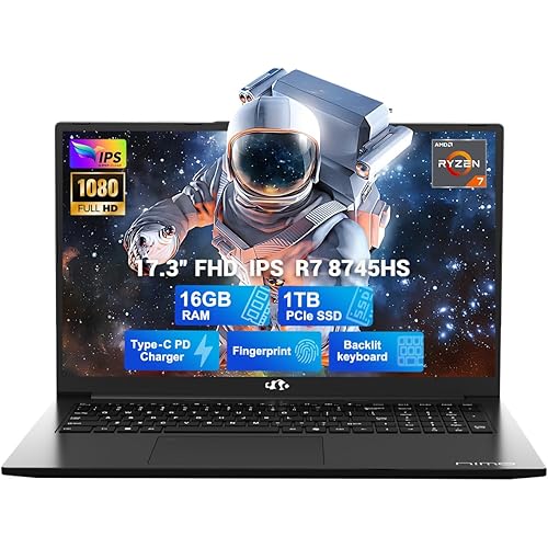 NIMO 17.3" Light-Gaming-Laptop, 8 Cores AMD Ryzen 7 8745HS 16GB DDR5 RAM 1TB SSD (Beat R9 6900HX, up to 4.9GHz) Radeon 780M GPU IPS FHD Computer with 100W Type-C Fingerprint, Backlit Keyboard