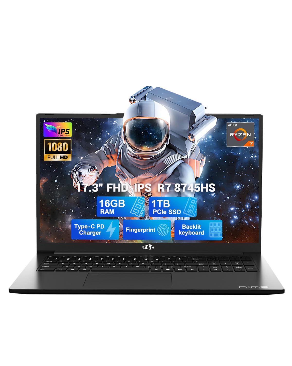 17.3" Light-Gaming-Laptop, 8 Cores AMD Ryzen 7 8745HS 16GB DDR5 RAM 1TB SSD (Beat R9 6900HX, up to 4.9GHz) Radeon 780M GPU IPS FHD Computer with 100W Type-C Fingerprint, Backlit Keyboard