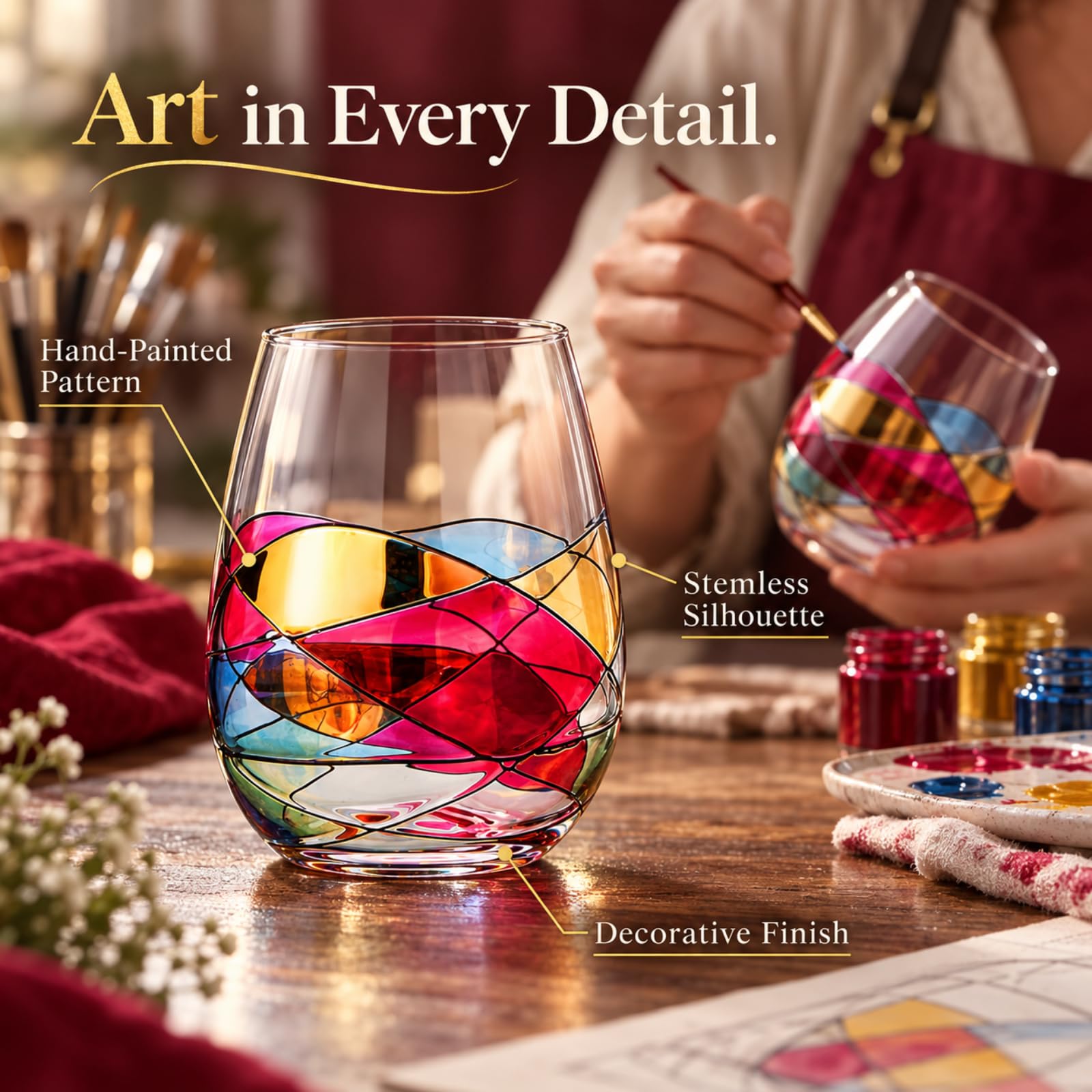 Hand Painted Wine Glasses - Renaissance Gift Set -4 Hand Painted Wine Glasses - Renaissance Gift Set -4