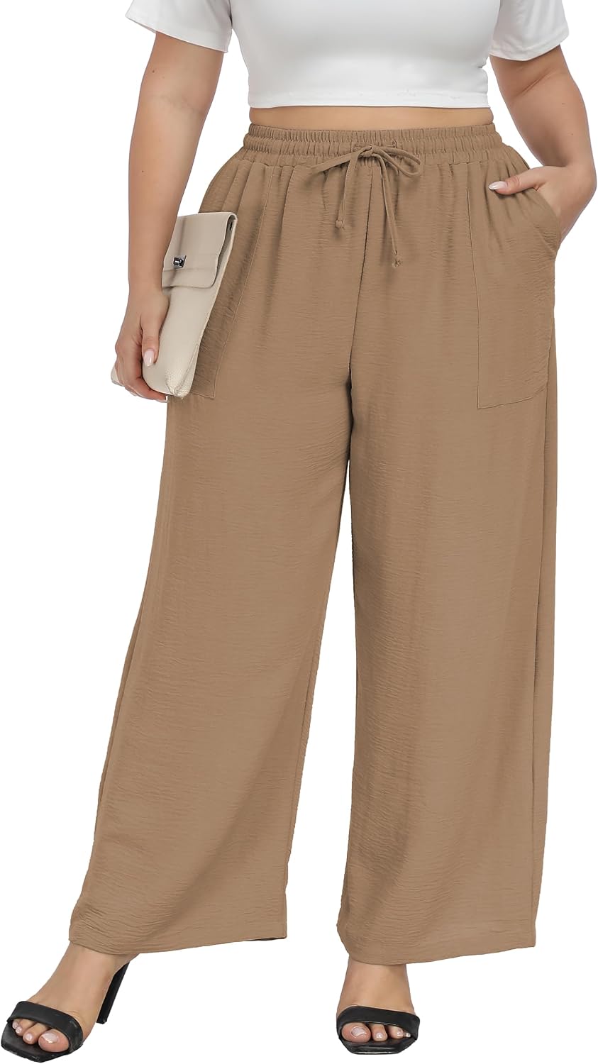 VOGUEMAX Womens Plus Size Wide Leg Pants Summer Casual Soft Loose Flowy High Waisted PalazzoTrousers with Pockets