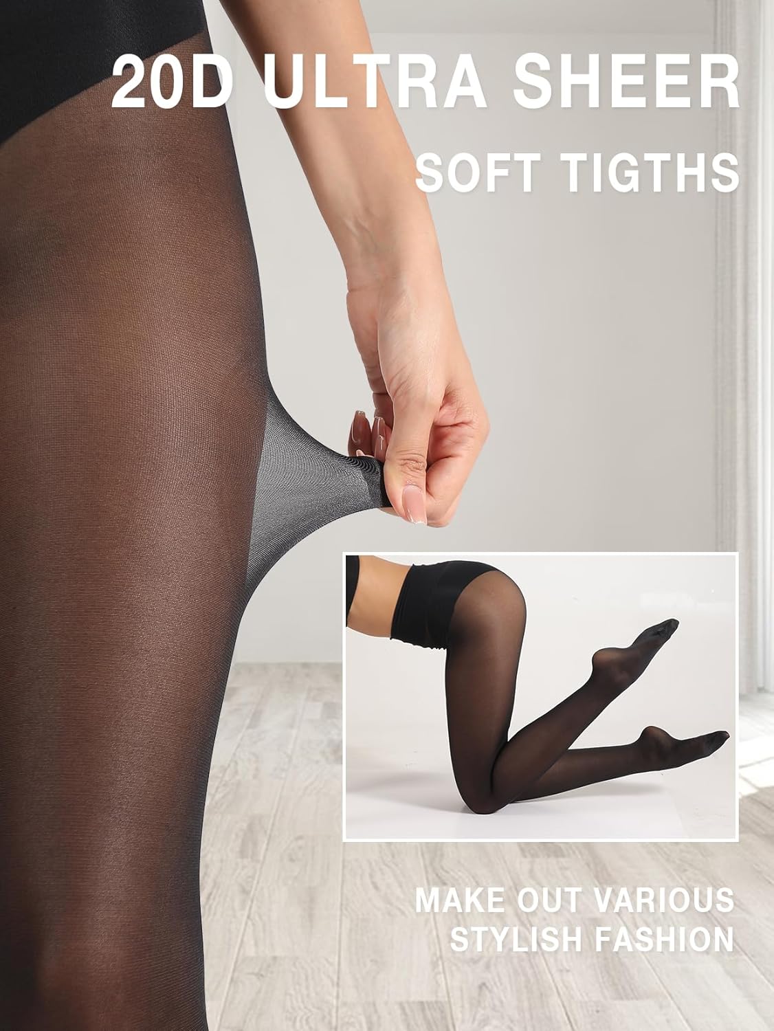 MERYLURE High Waist T-Crotch Black Tights for Women 20D Sheer T-Crotch Pantyhose Control Top Stockings 2 Pairs - Image 6