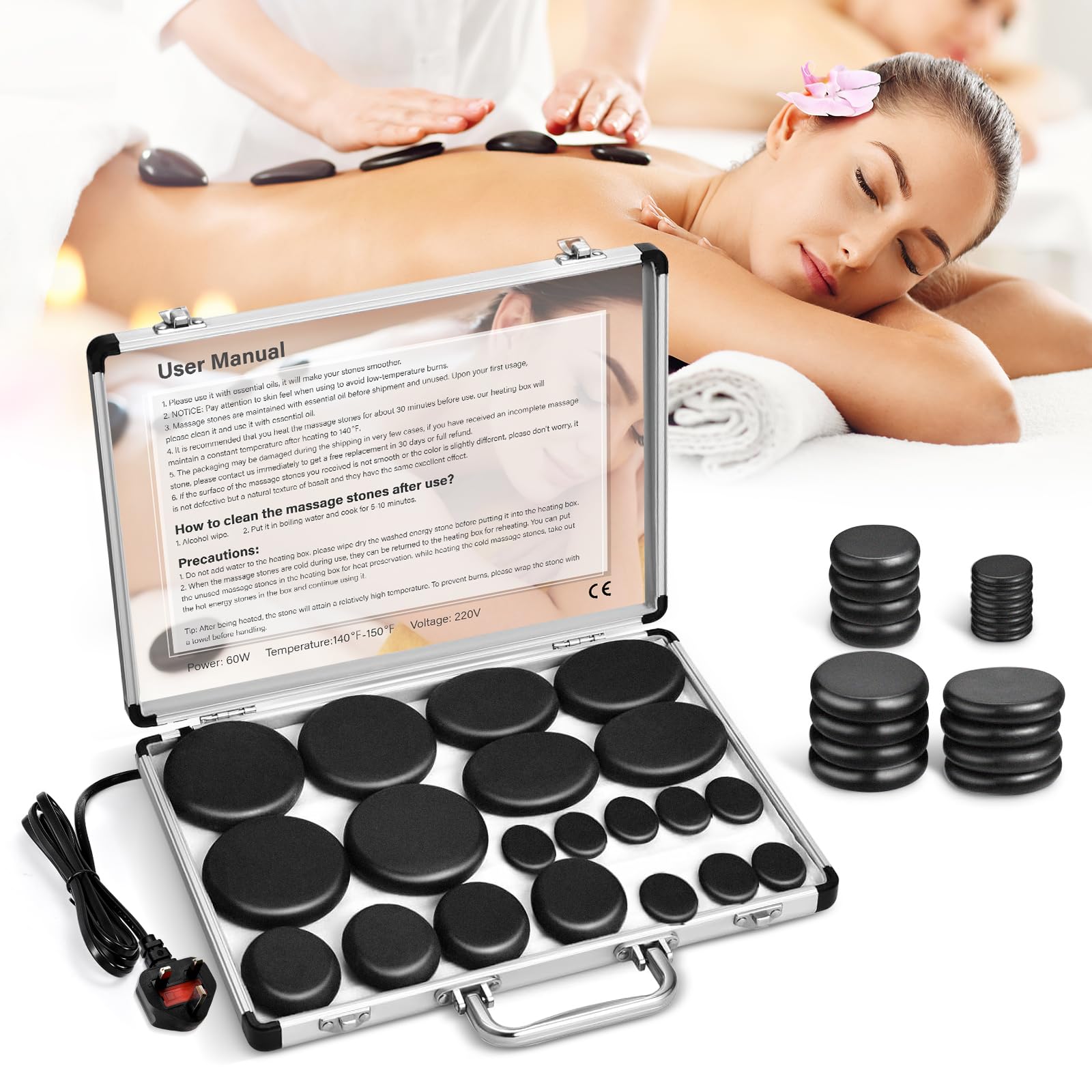 Kit de masaje de piedras calientes de 20 piezas con calentador, juego de piedras calientes de basalto eléctrico profesional para terapia de spa, relajación muscular profunda, alivio del dolor