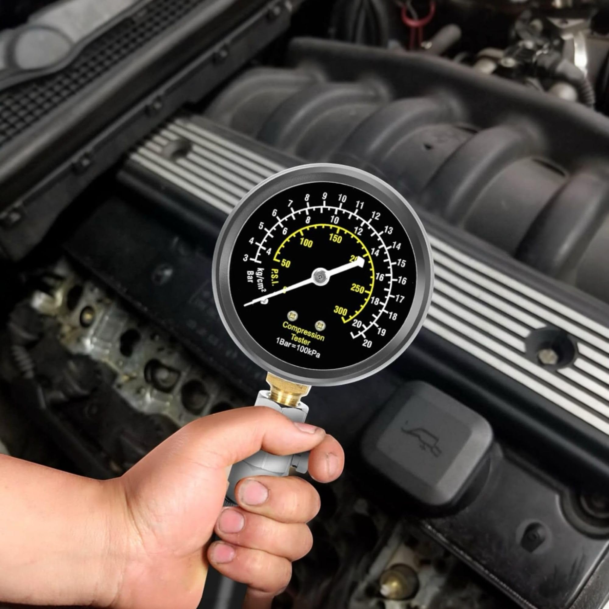 Tester di Compressione, Motori Manometri Compressione, Benzina Motore a Gas Cilindro Compressione Tester Kit con Custodia in Plastica FS-13828