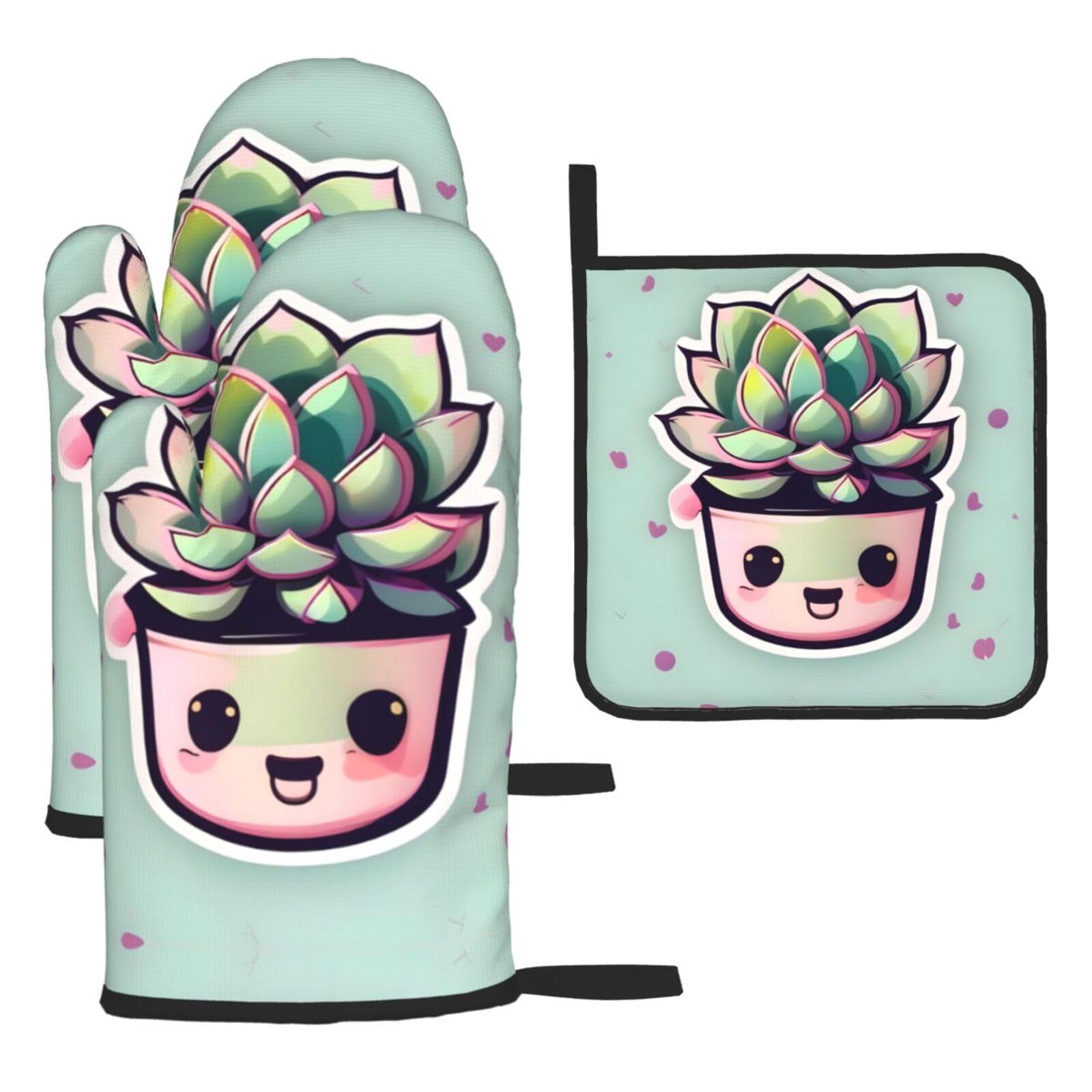 Smiling Succulents Oven mittens and oven mitts three-piece set suitable for oven, grilling, baking, microwave and home cooking.