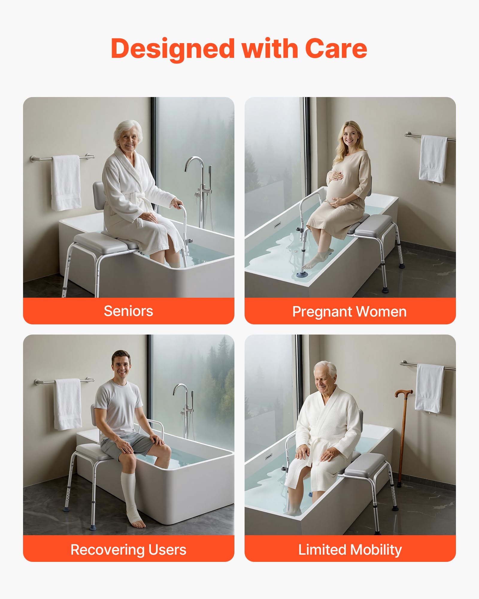 VEVOR Silla para Bañera con Brazo y Respaldo, Asiento de Bañera Capacidad de 227 kg, Altura Ajustable de 385 a 500 mm, Silla de Ducha para Adultos, Personas Mayores, Personas con Discapacidad