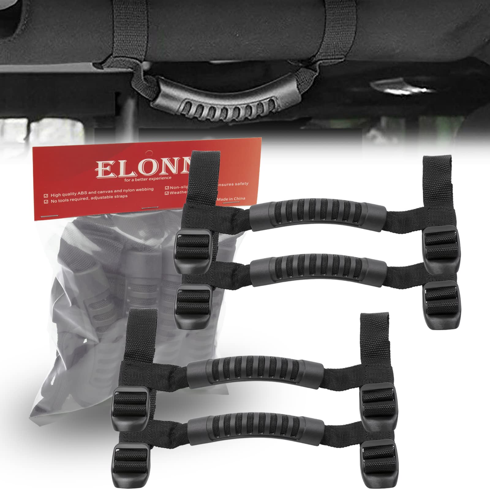ELONN Christmas Gifts Stocking Stuffers for Jeep Owners,Universal Roll Bar Grip Handle Interior Accessories for Jeep Wrangler CJ YJ TJ LJ JK JL Unlimited Gladiator JT 1955-2023, 4 Pack
