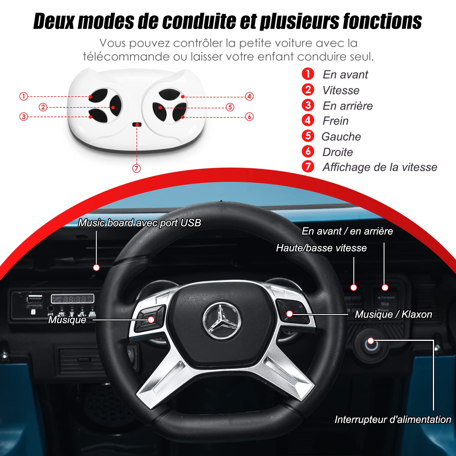GOPLUS Voiture Electrique Enfants 2 Place 12V avec Télécommande 2,4G, Mercedes G650, 2 Vitesses et Démarrage Frein,Porte et Phare, Musique avec USB pour Enfants 30KG 3-10 Ans