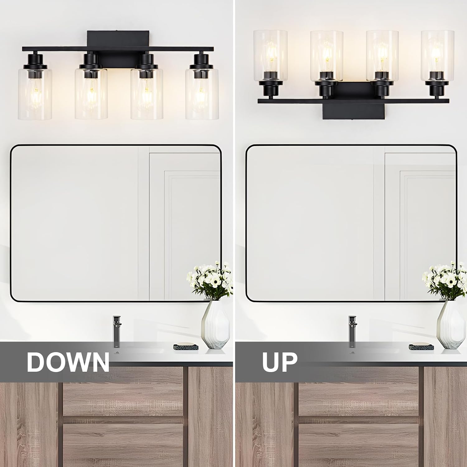 4 Light Black Bathroom Vanity Light Fixture Over Mirror Modern Farmhouse Wall Lighting Sconces Industrial Wall Lamp for Bathroom Bedroom Living Room E26 Socket with Glass Shade