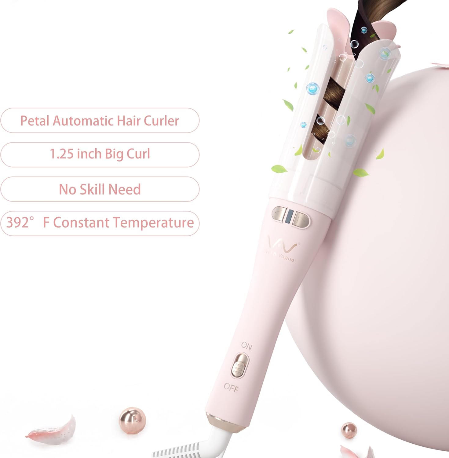VAV Automatic Rotating Curling Iron for Medium to Long Hair - 1.25 Inch Curler Wand Creates Versatile Curls & Waves,Easy Use for Beginners (Pink)
