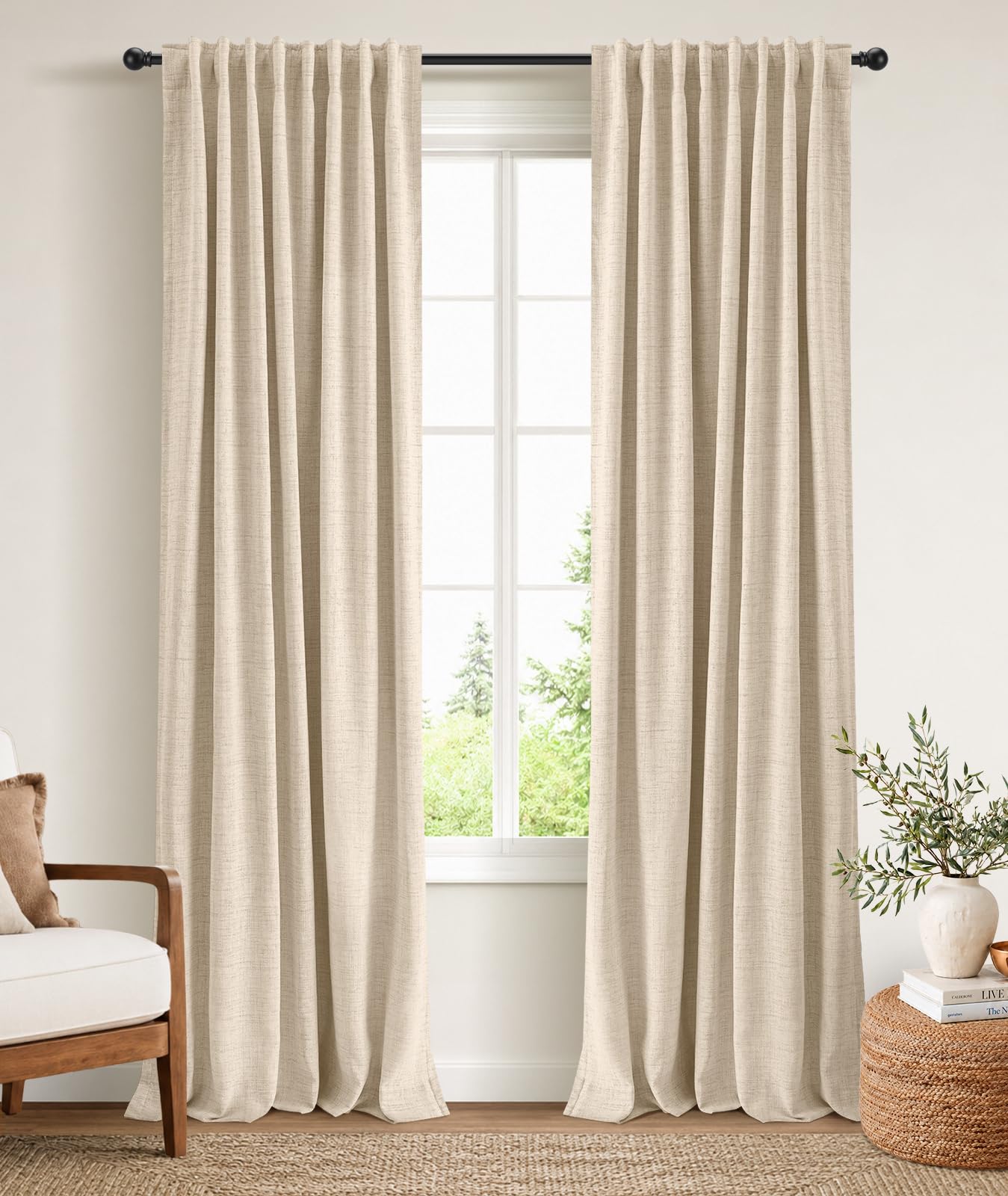 INOVADAY 100% Blackout Curtains 96 Inches Length 2 Panels Set, Back Tab/Rod Pocket Linen Black Out Curtains for Bedroom, Thermal Insulated Window