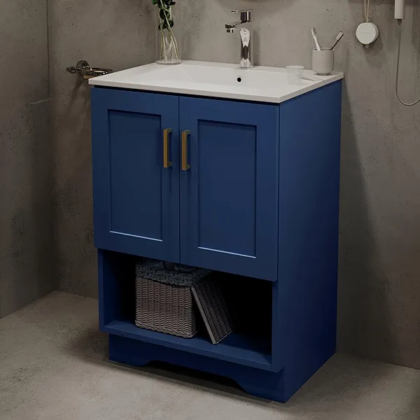 24 Inch Modern Bathroom Vanity with Ceramic Sink - Freestanding Cabinet 2 Soft-Close Doors & 1 Open Shelf, White Space-Saving Design for Powder Rooms (Blue)