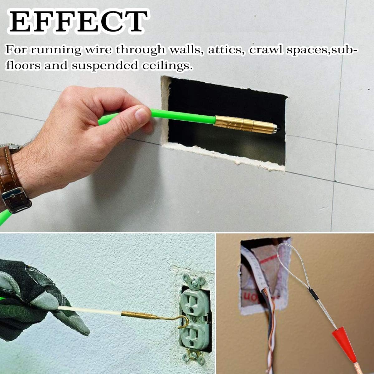 50 Feet Fiberglass Fish Tape Cable Rods, Electrical Wire Running Pull/Push Kit with Hook and Hole Kit Glow Rod, Hook Hole, Green