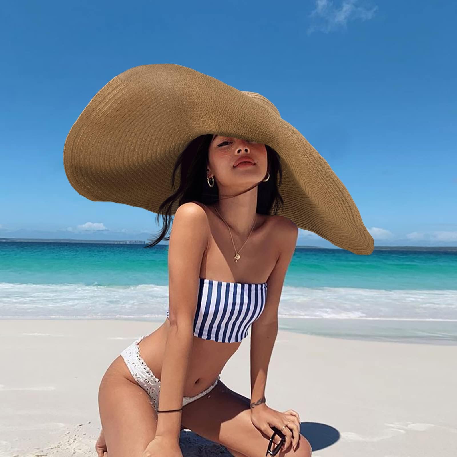 Cappello da Sole Donna, Moda Cappello di Paglia Pieghevole Tesa Larga Sovradimensionato Protezione UV Traspirante Cappelli da Spiaggia per l’Estate Viaggio Cachi