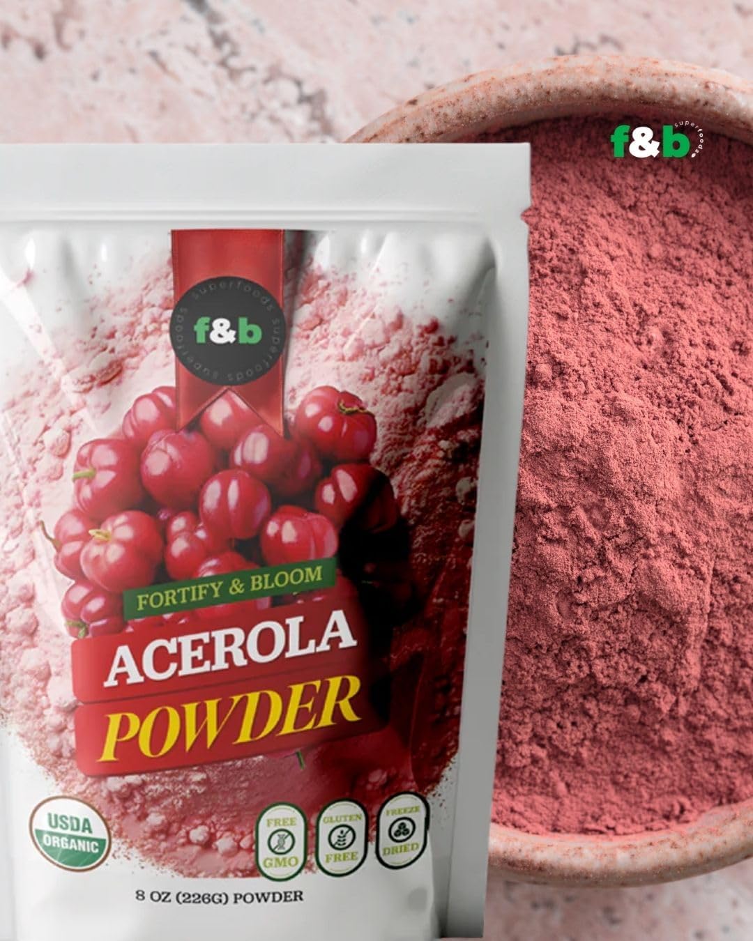f&b superfoods Pure Organic Acerola Cherry Powder Freeze Dried (8oz), Organic Vitamin C Powder for Immune System Booster, Smoothie, Cherry Juice, acerola Vitamin c Bulk Powder, Brazil Origin.