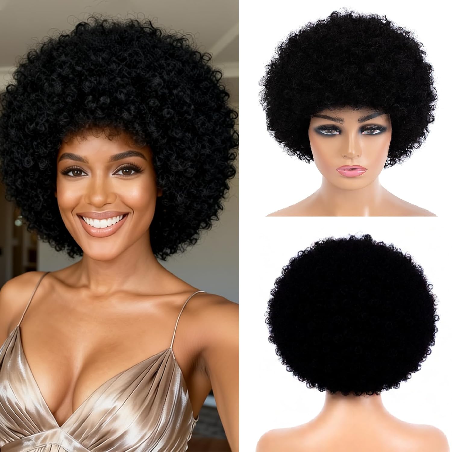 Short Kinky Curly Afro Wig with Bangs Glueless for Black Women Men 70s Disco Bouncy Fluffy Puff Synthetic Heat Resistant Natural Looking Hair for Party Cosplay Daily Use