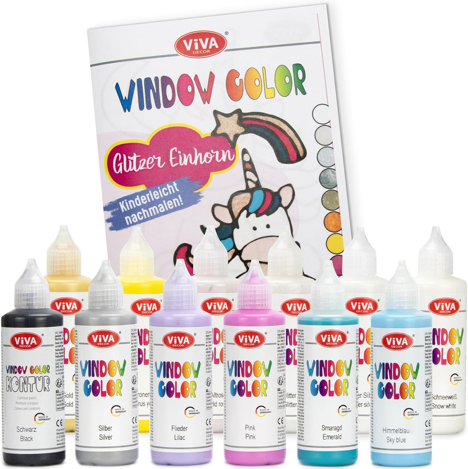 LM-Kreativ Window Color Set Glitzer Einhorn – Tauche ein in eine Welt voller Farben mit 12 x 80ml Window Colour Farben auf Wasserbasis. PLUS Vorlagenheft mit 35 Einhorn-Motiven