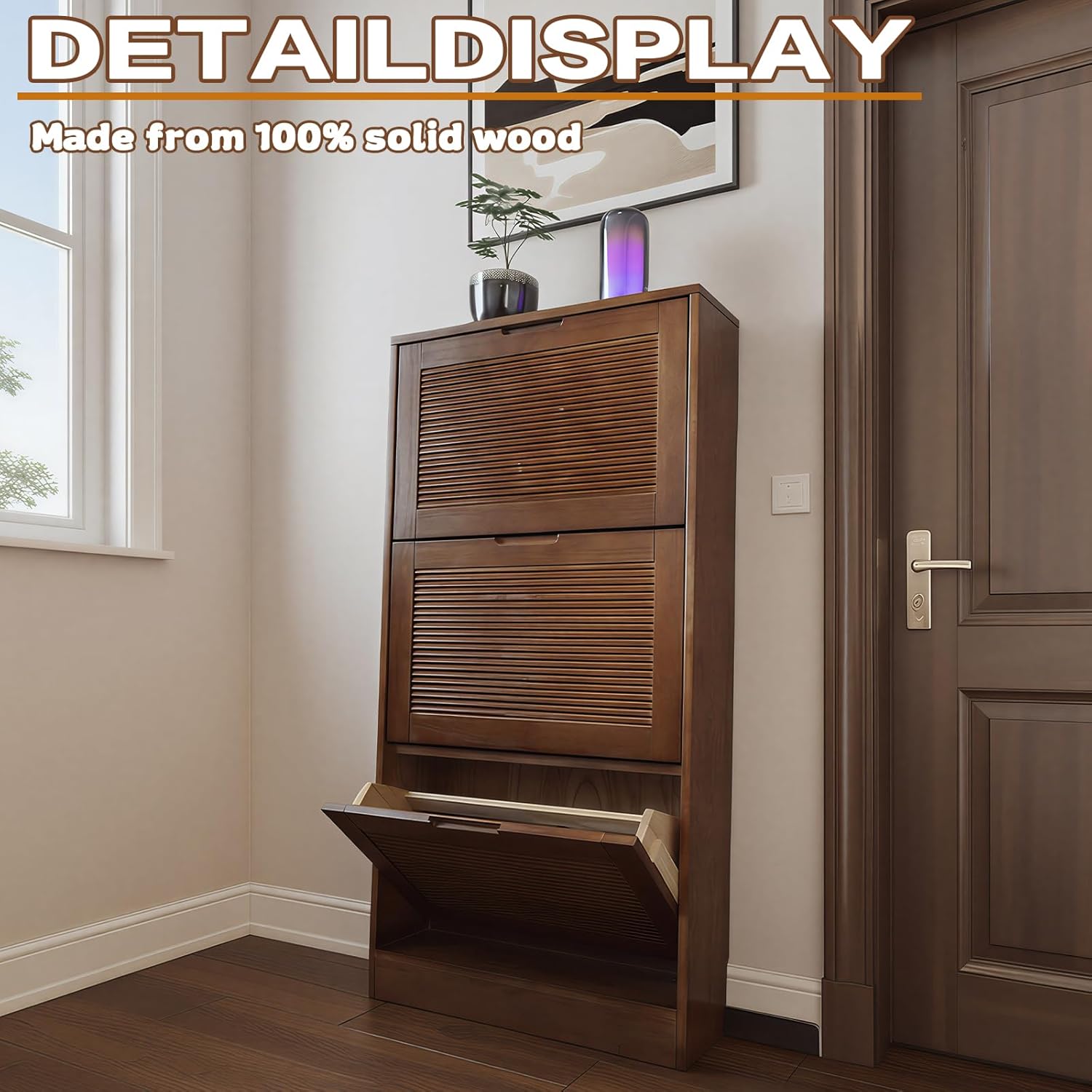Solid Shoe Storage Cabinet with 3 Flip Drawers, Narrow Wood Shoe Organizer Cabinet with Fluted Panel, Slim Shoe Rack for Entryway, Freestanding Shoe Cabinet for Entryway Hallway Foyer ，Walnut