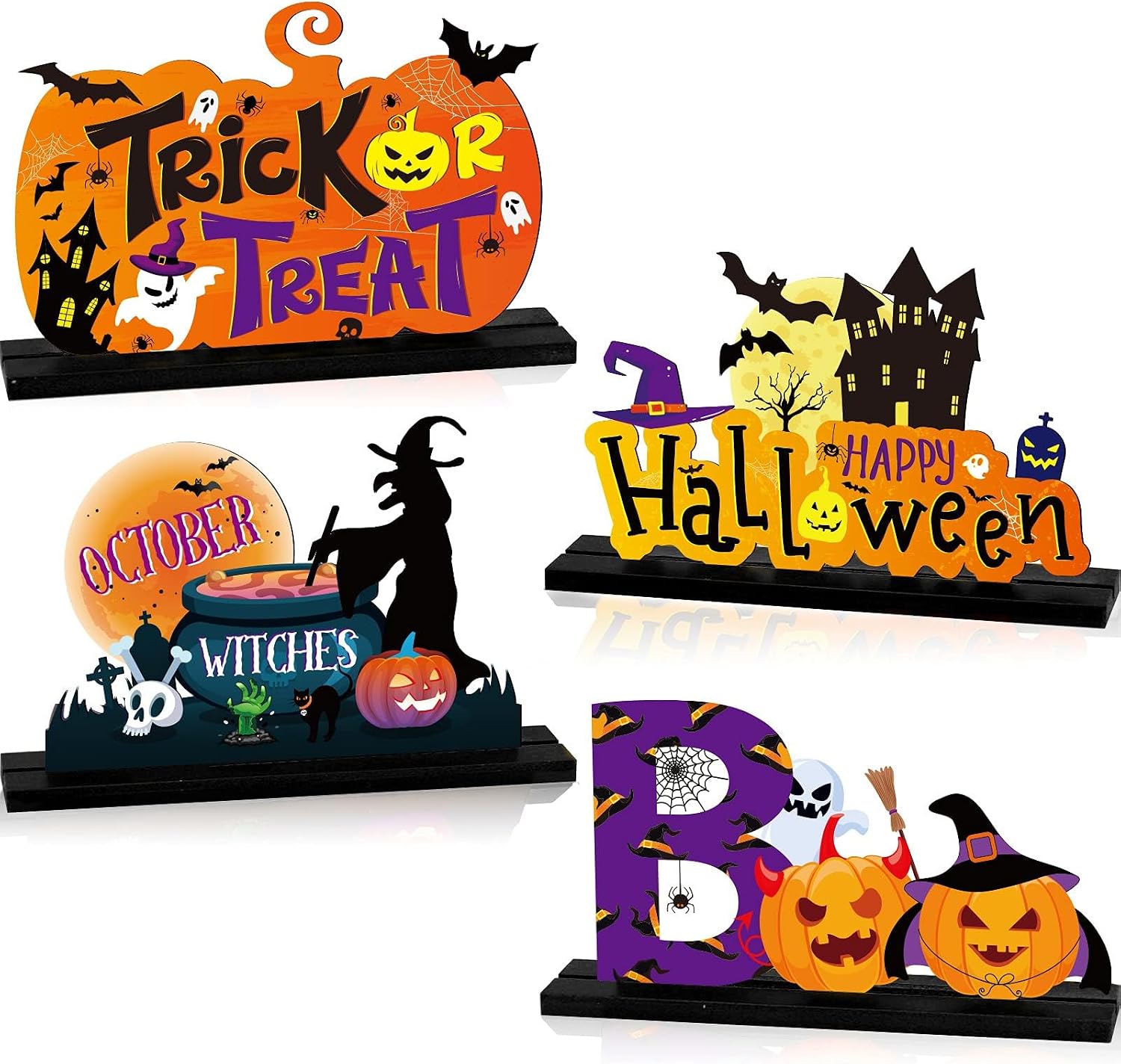 4 Pieces Halloween Party Decorations Wooden Treat or Trick Party Supplies Halloween Centerpieces Boo Table Decorations for Home Holiday