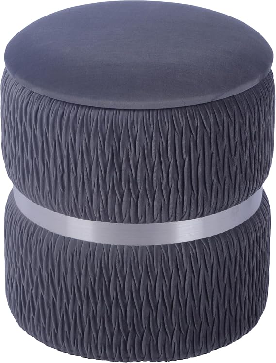 Velvet Round Ottoman with Storage, Footrest or Modern Storage Ottoman with Silver Accent for Living Room Decor or Bedroom Decor, Grey