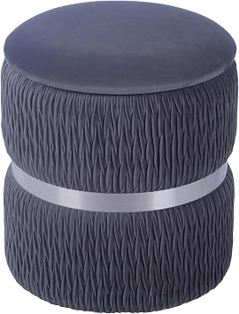Velvet Round Ottoman with Storage, Footrest or Modern Storage Ottoman with Silver Accent for Living Room Decor or Bedroom Decor, Grey