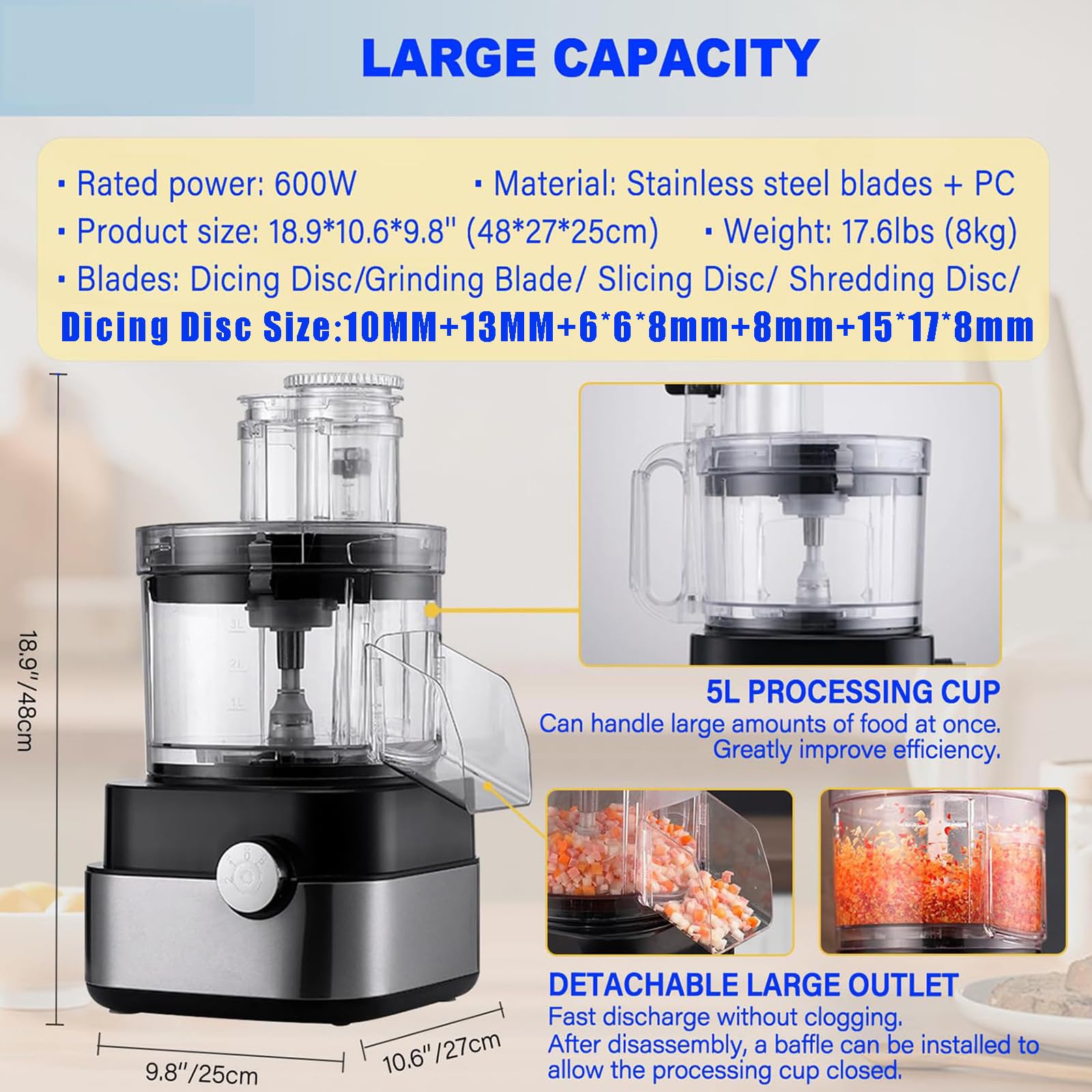 Cortador y Picador Eléctrico 9-en-1 – Procesador de Alimentos Comercial de 600W con 5 Cuchillas para Rallar, Cortar en Rodajas, Dados & Carne Picada, Capacidad de 20 Tazas para Cebolla, Zanahorias