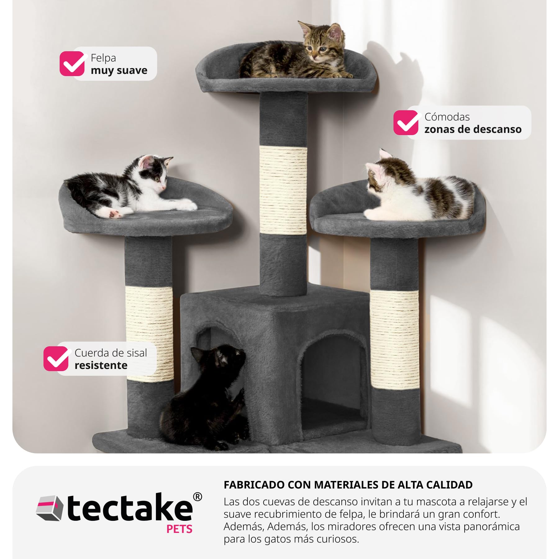 tectake® arbol rascador para Gatos, sisal Resistente, casa 3 nidos, Sistema antivuelco, Poste rascador Gatos, Cama de Gato, Juguetes para Gato - 170 cm Alto Gris