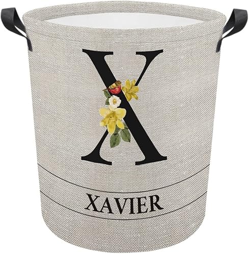 Miniatura 9 de MALIHONG Cesta de lavandería con inicial floral personalizada, monograma, nombre personalizado, flores y pájaros, cesta de ropa plegable de tela,