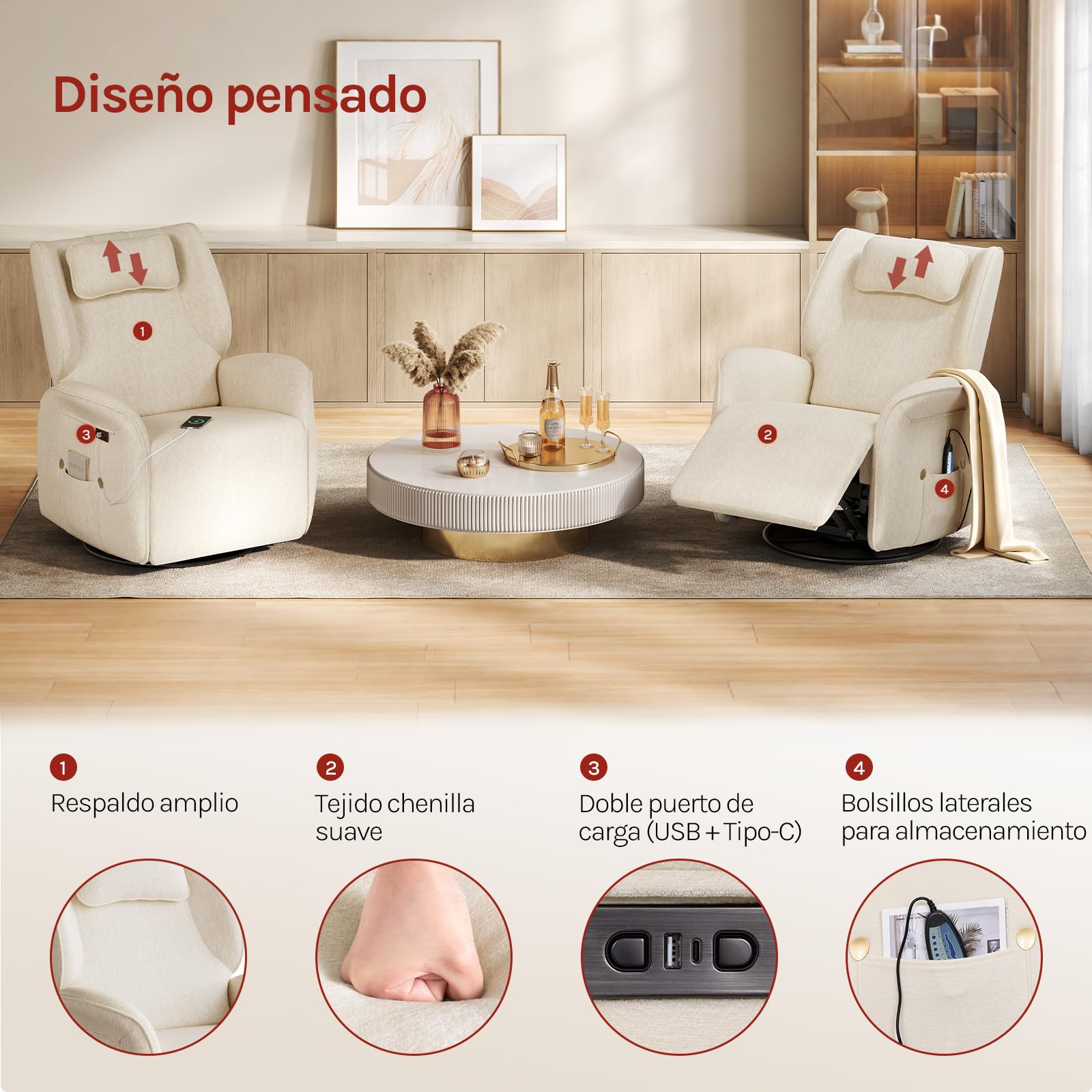 WOLTU Sillón Reclinable, de Masaje con Calefacción en Zona Lumbar, Beige | Sofá Relax Giratorio Tapizado en Chenilla, Reposacabezas, Bolsillos, Puerto USB, Capacidad de Carga 150 kg