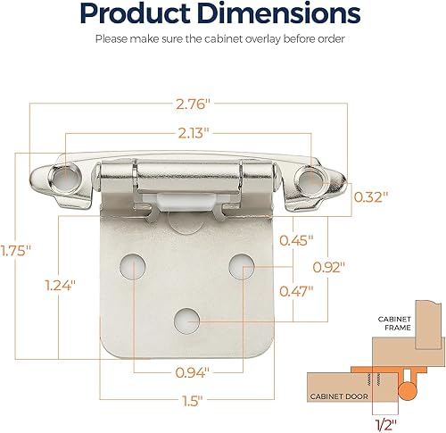 Miniatura 3 de Ravinte Paquete de 50 25 pares de bisagras de gabinete superpuestas de 12 pulgada de níquel satinado, bisagras de armario semiocultas para montaje