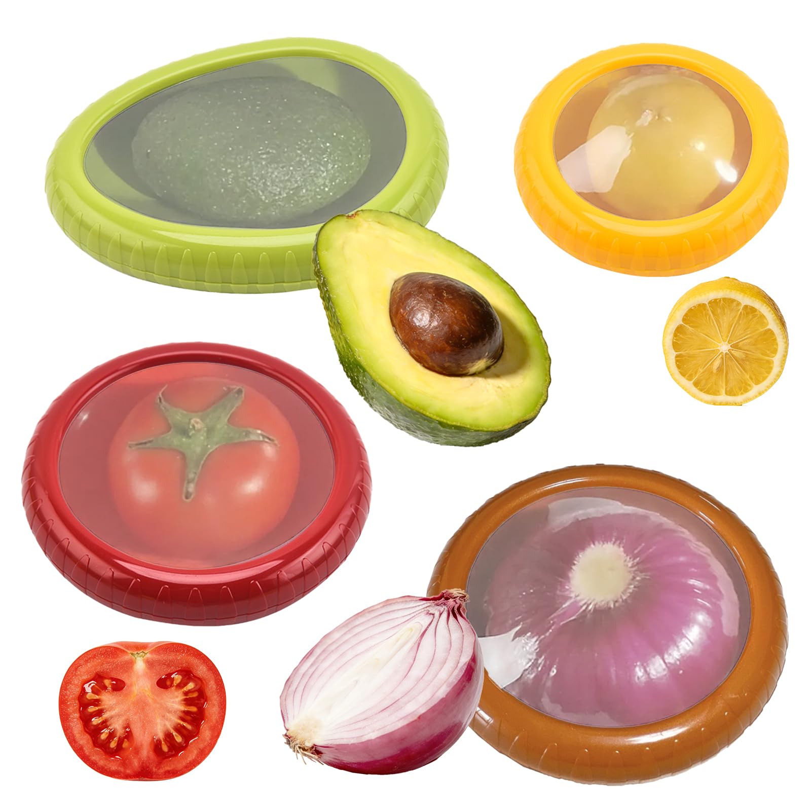Hiuyavy Yellow, Green, Red, Brown 4Pc Silicone Fruit And Vegetable Storage Containers Set, Avocado Storage Container, Anti-Oxidation Box, Reusable Fridge Storage Containers Ideal For Avocados Tomatoes Apples Garlic Onions And Mor