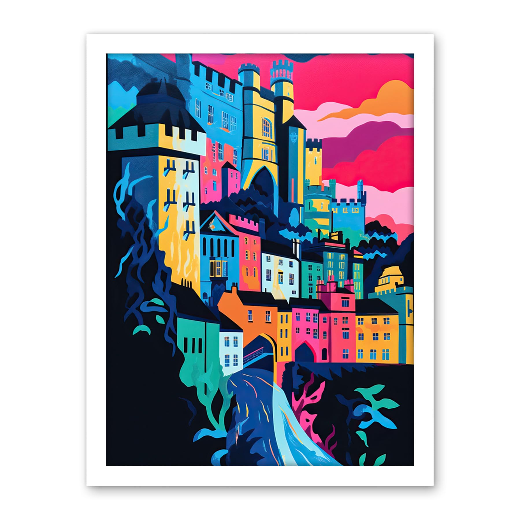 Artery8 Nottingham City Vibrant Abstract Pop Art Cityscape Artwork Framed Wall Art Print 18X24 Inch
