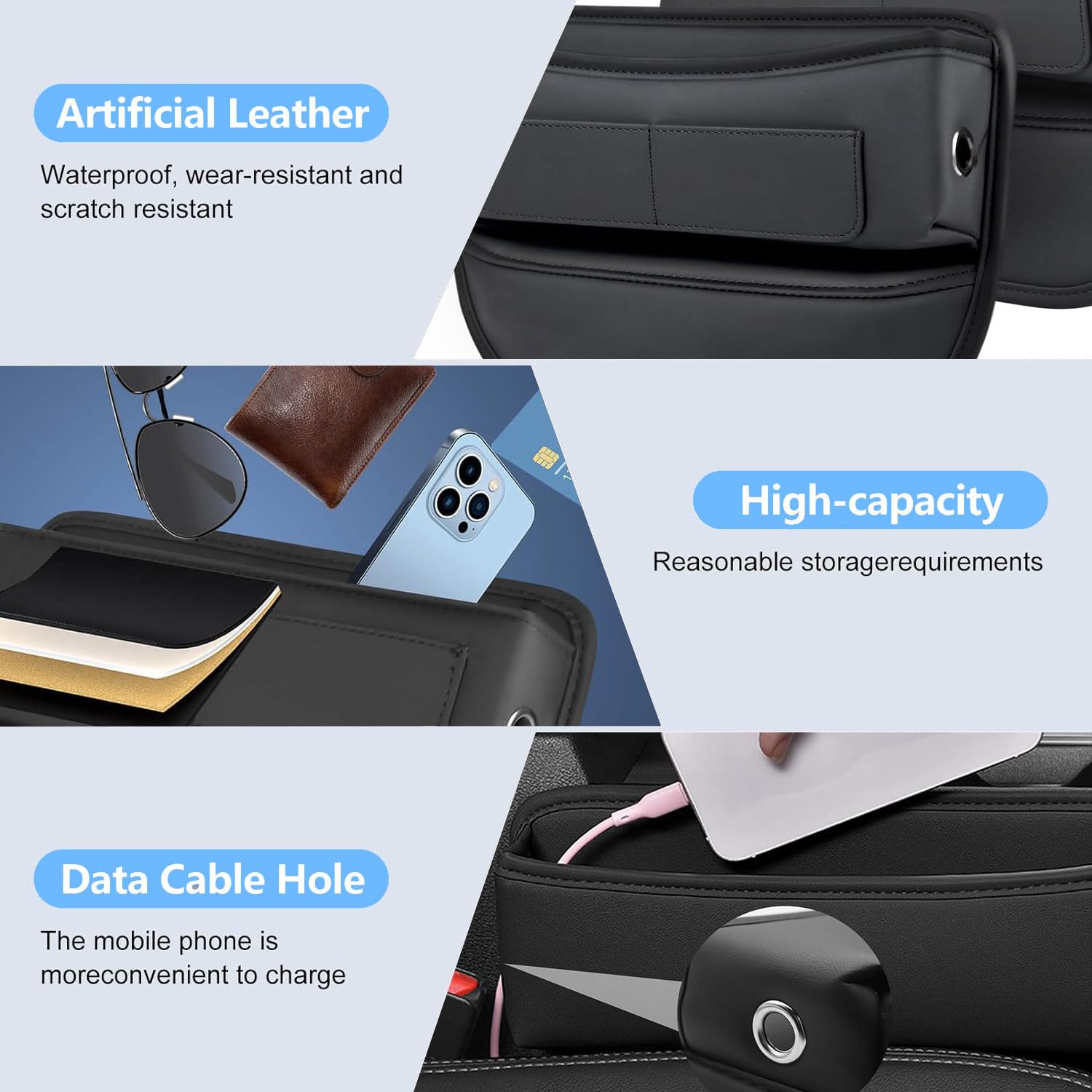 Opbergbox voor autostoelen, organizer, middenconsole, voorstoel, gatenvulling, zijzakken, mobiele telefoons, portemonnee (zwart