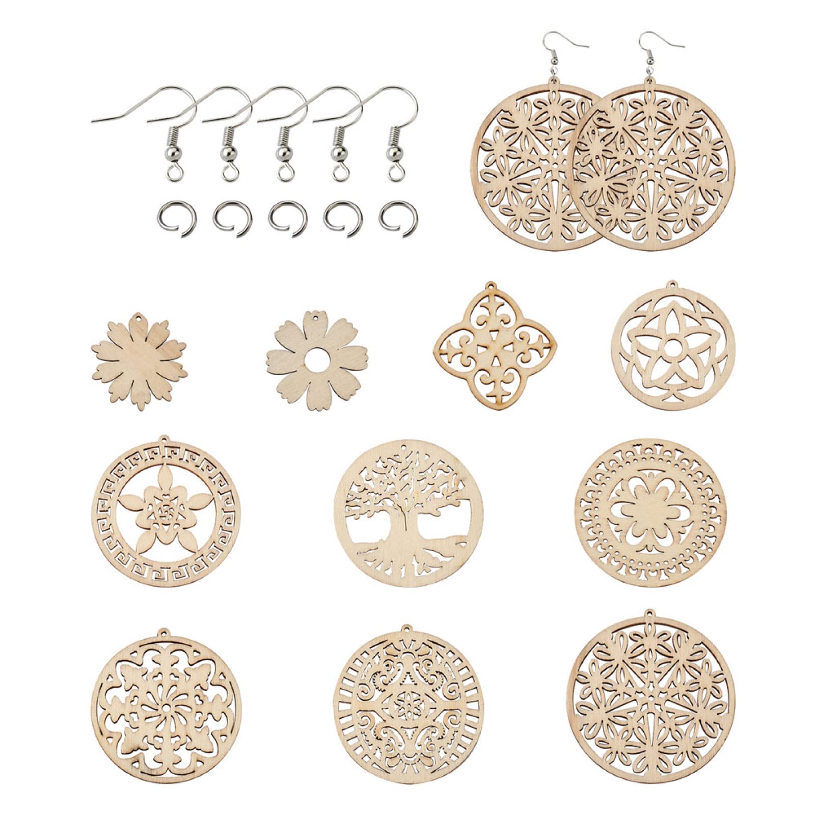 Craftdady 40 Pairs DIY Natural Wooden Earring Making Kits Laser Cut Shapes Big Pendants Blank Wood Pieces with Rings and Hooks for DIY Jewellery — image 1