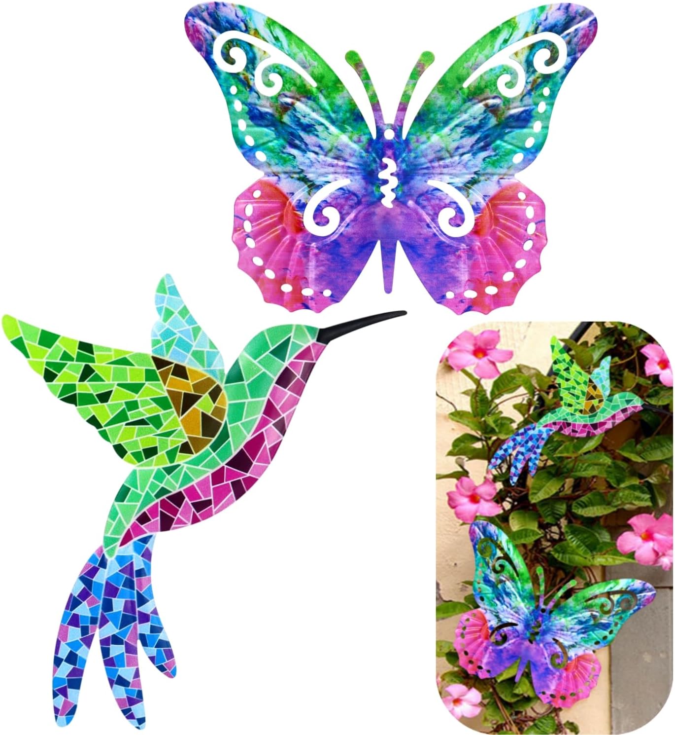 cakefly Metal Butterfly Hummingbird Garden Wall Art Garden Ornaments Outdoor Decor Colorful Hummingbird Door Fence Arts Garden Sculptures Hanging Garden Decoration