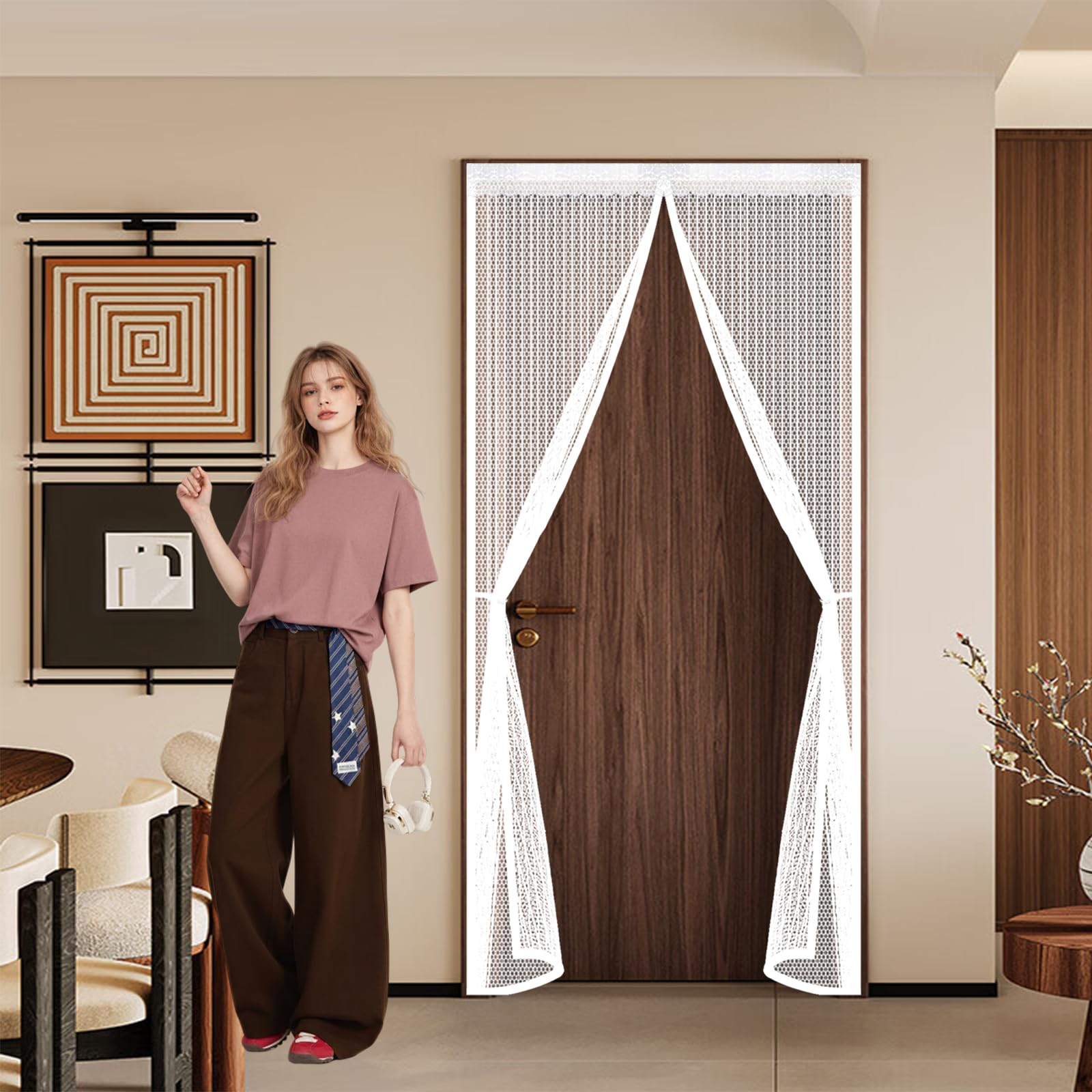 Mesh Curtain 140 x 210 cm Keep Bugs Out, Full Frame Magic Tape, Powerful Magnets, Self Sealing, No Drill Installation, Mosquito Net, Insect Mesh for Balcony Bedroom Doors, White