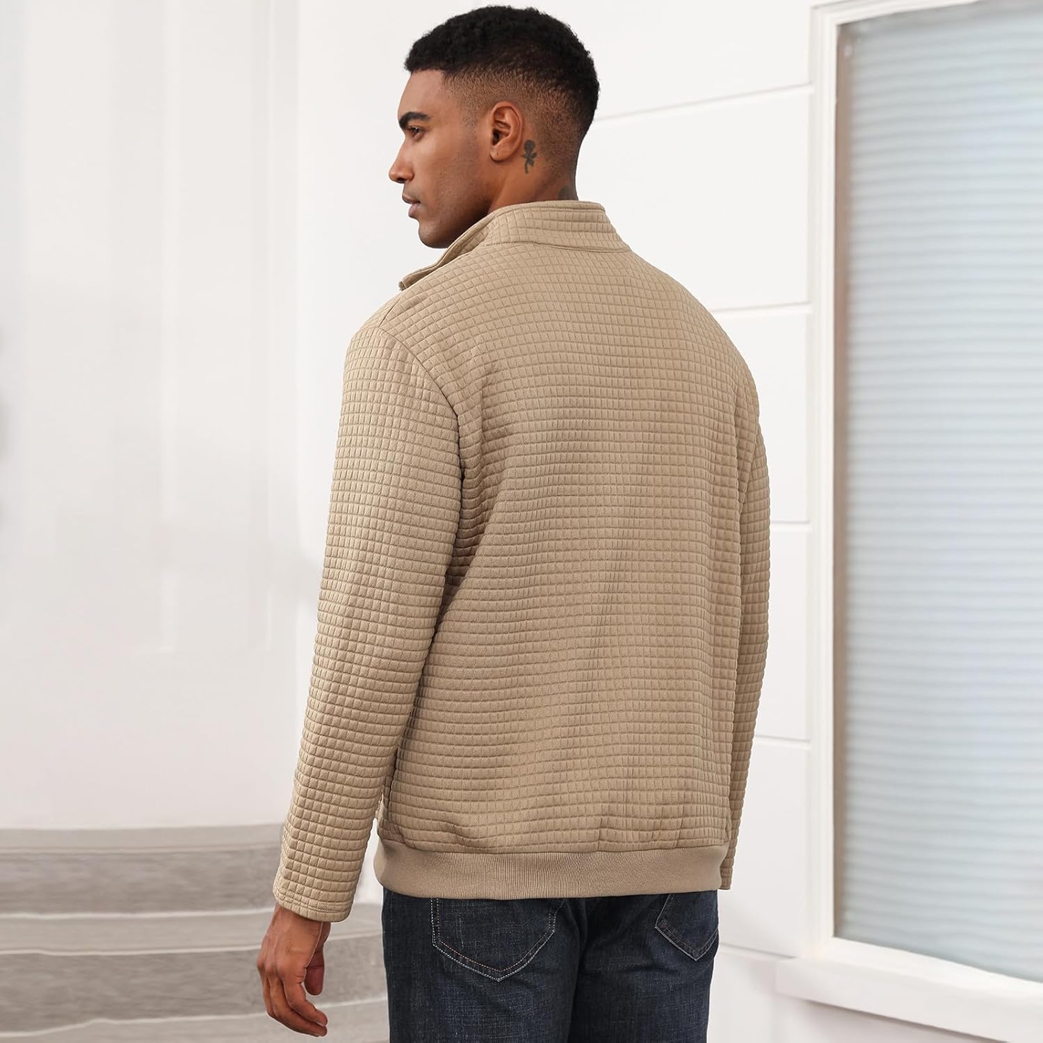 Oymyakon Men's Lightweight Varsity Jacket Spring Casual Stylish Bomber Jacket Waffle Zip Up Coat with Pockets - Image 4