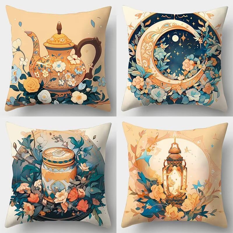 Housse coussin extérieur 40x40 pour balcon et patio déco été lune lanterne lot de 4