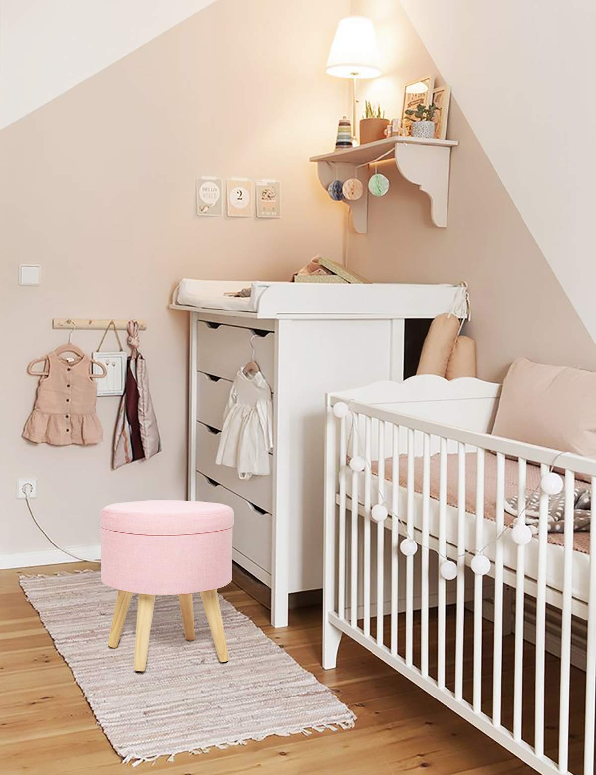 Pouf Hocker Stuhl Fusshocker Gepolstert Fußbank Rund Schemel Ottomane Polsterhocker Beinablage Sitzhocker Aus Leinen Und Massivholz Mit Stauraum Für Küche Und Wohnzimmer Rosa