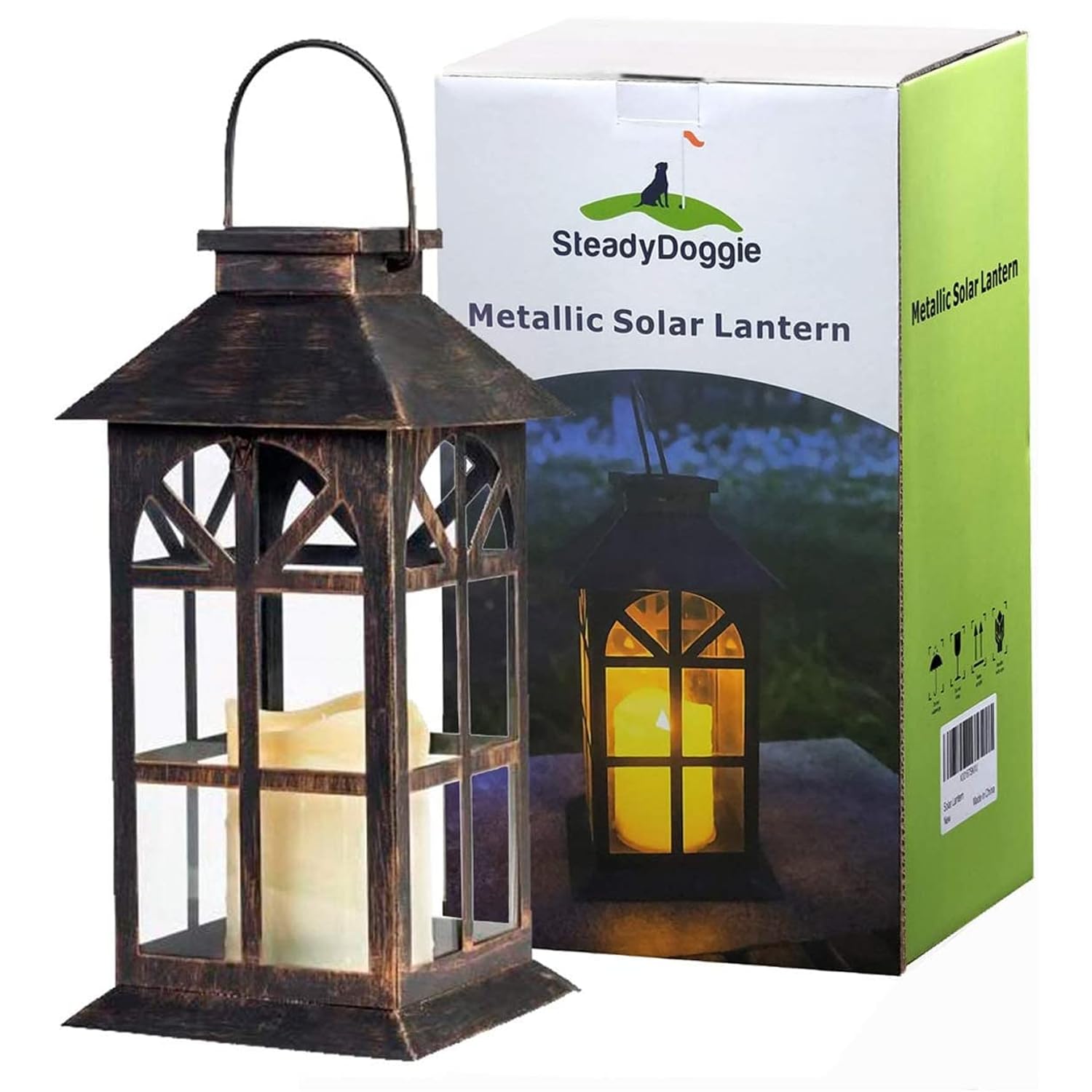 Solar Laterne für außen - mit hell flackernder LED Kerze - Tisch- und Hängelampe - in- und outdoor - extra Metall Laterne im Antik-Stil - dunkles Bronze - PVC fenster - wetterfest - 14x14x28cm