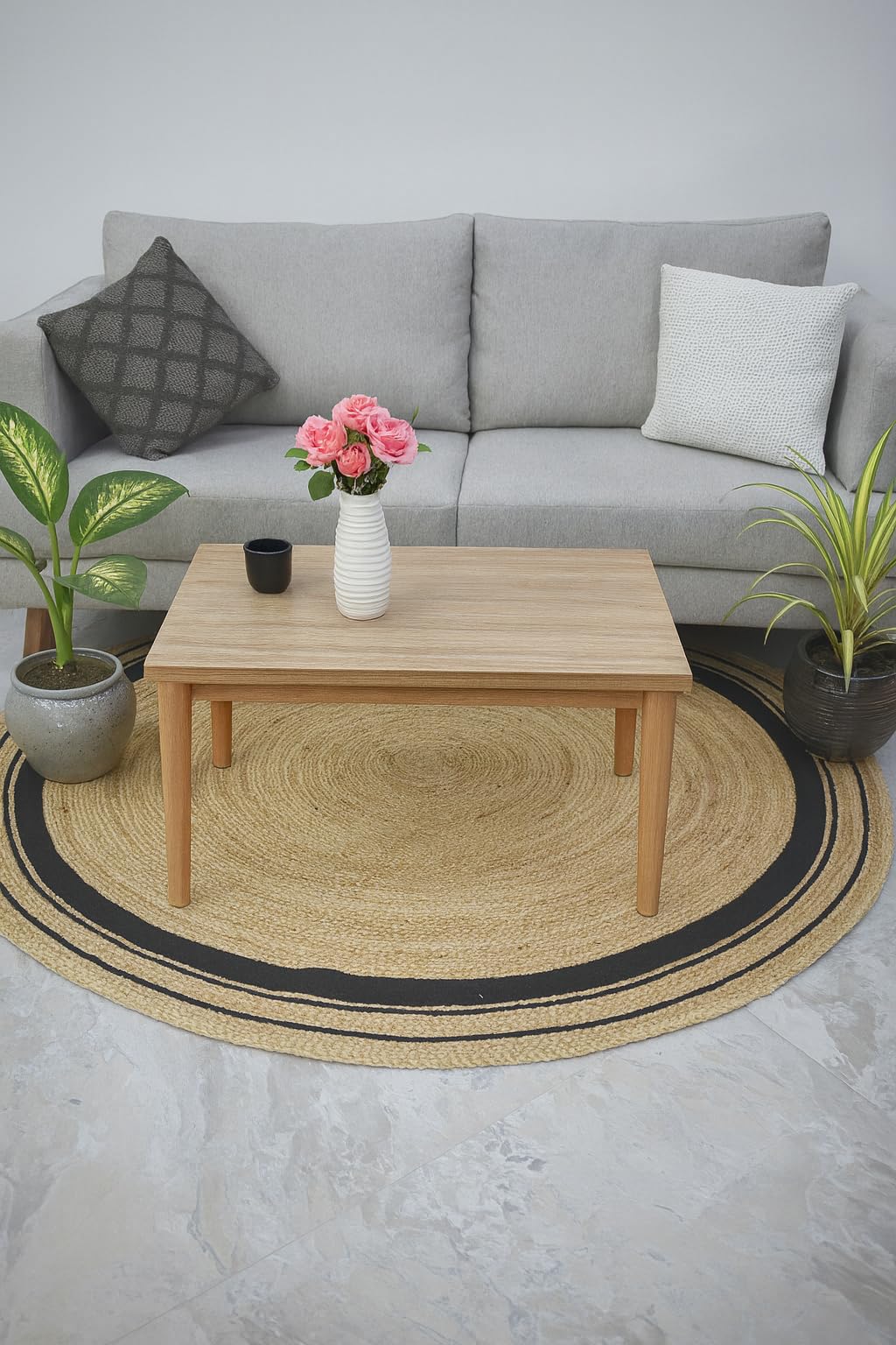 Tapis tressé à la Main en Jute Naturelle avec Lignes Noires - Rond - 150 x 150 cm