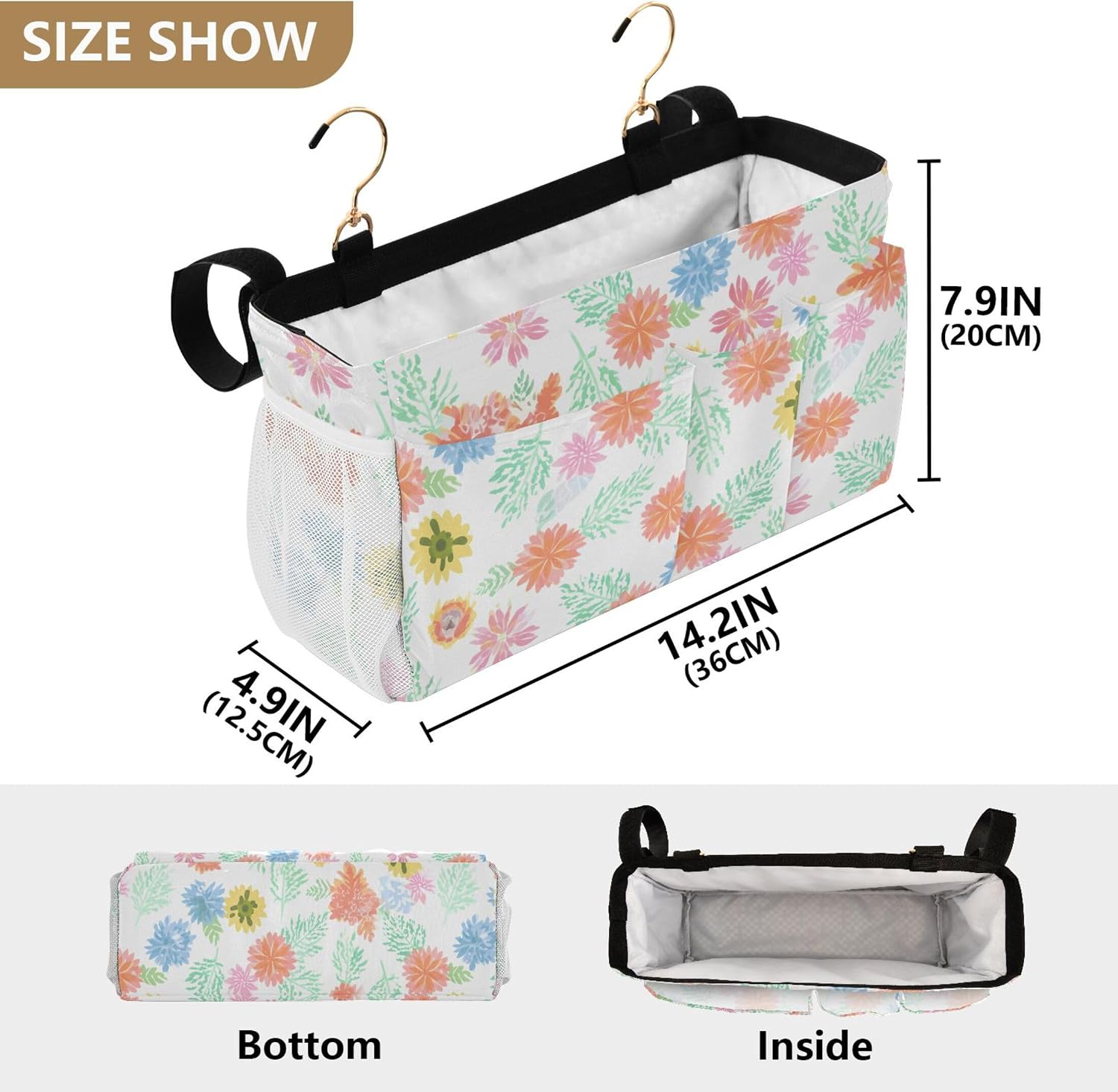 Burbuja Colorful Flowers Bedside Caddy Hanging Storage Organizer with 2 Straps and Hooks for Home College Dorm Bunk Bed Hospital Bed Crib image 4