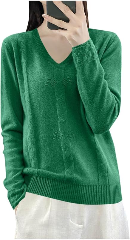 Oplxuo Women's V Neck Cable Knit Sweater Long Sleeve Loose Basic Pullover