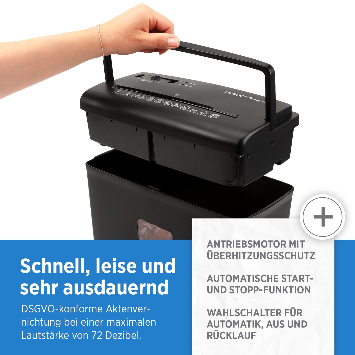 Genie Trituradora de papel P4 440 X II, práctica trituradora de papel con corte en partículas, volumen de recogida de 9 l y parada de arranque automático, trituradora compacta para casa u oficina