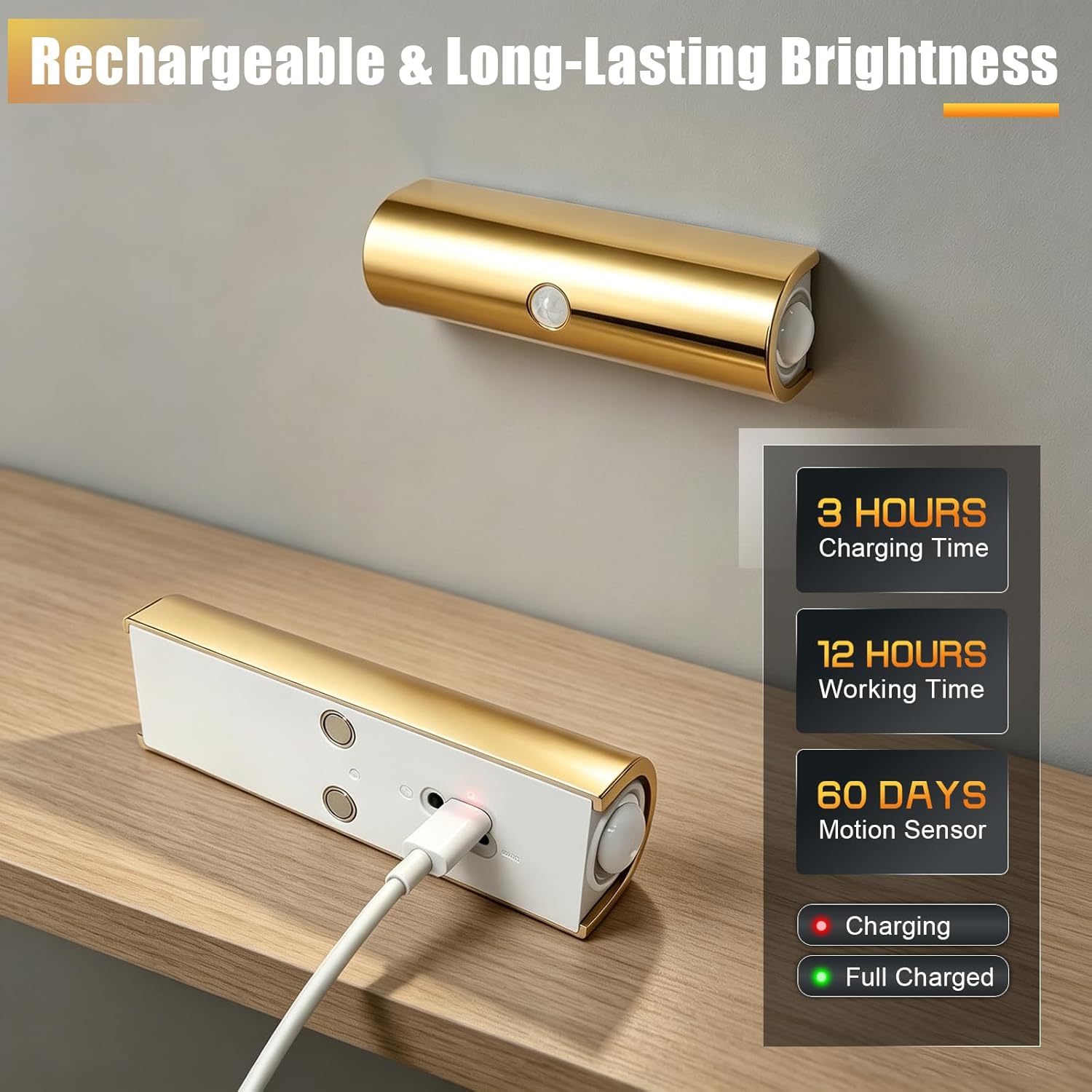 2 Pack Motion Sensor Wall Light, Rechargeable Wall Sconces | Wall Sconces Battery Operated with 3 Colors & Dimmable, Magnetic Wireless Wall Sconces for Stair Bedroom Hallway (Gold)