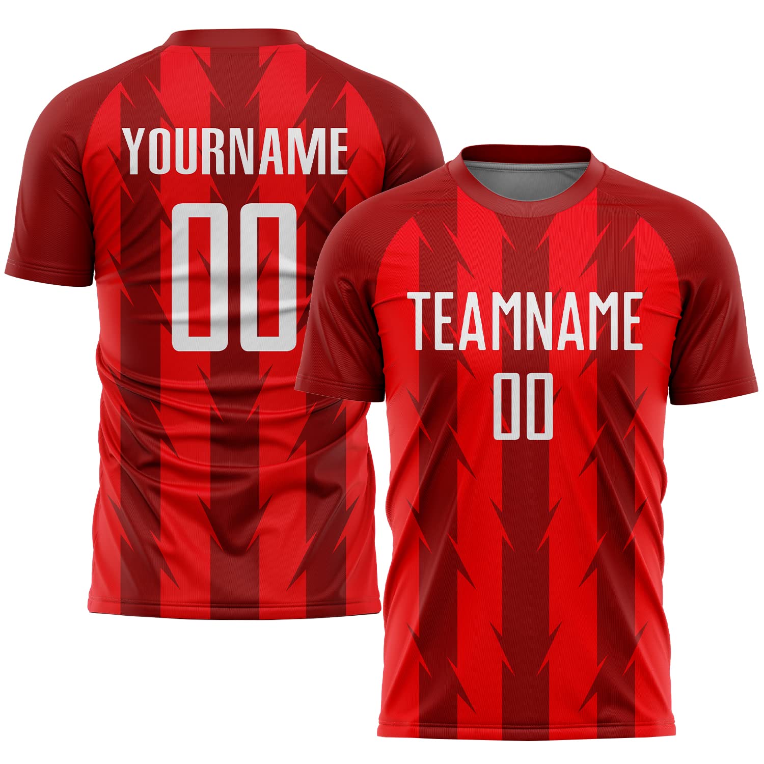 Design Your Own Cool Stripes Soccer Shirts, Personalized Novelty Red Soccer Team Uniforms with Printed White Name Number, Customized Round-Neck Football Volleyball Jerseys for Men Women Boys Girls