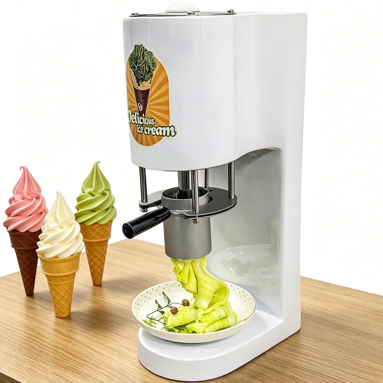 ROGHA Commercial Spaghetti Ice Cream Press Machine, 80W Ice Cream Noodle Maker with 0.42L Stainless Steel Hopper, 4 Shape Molds, Professional Ice Cream Noodle Extruder White