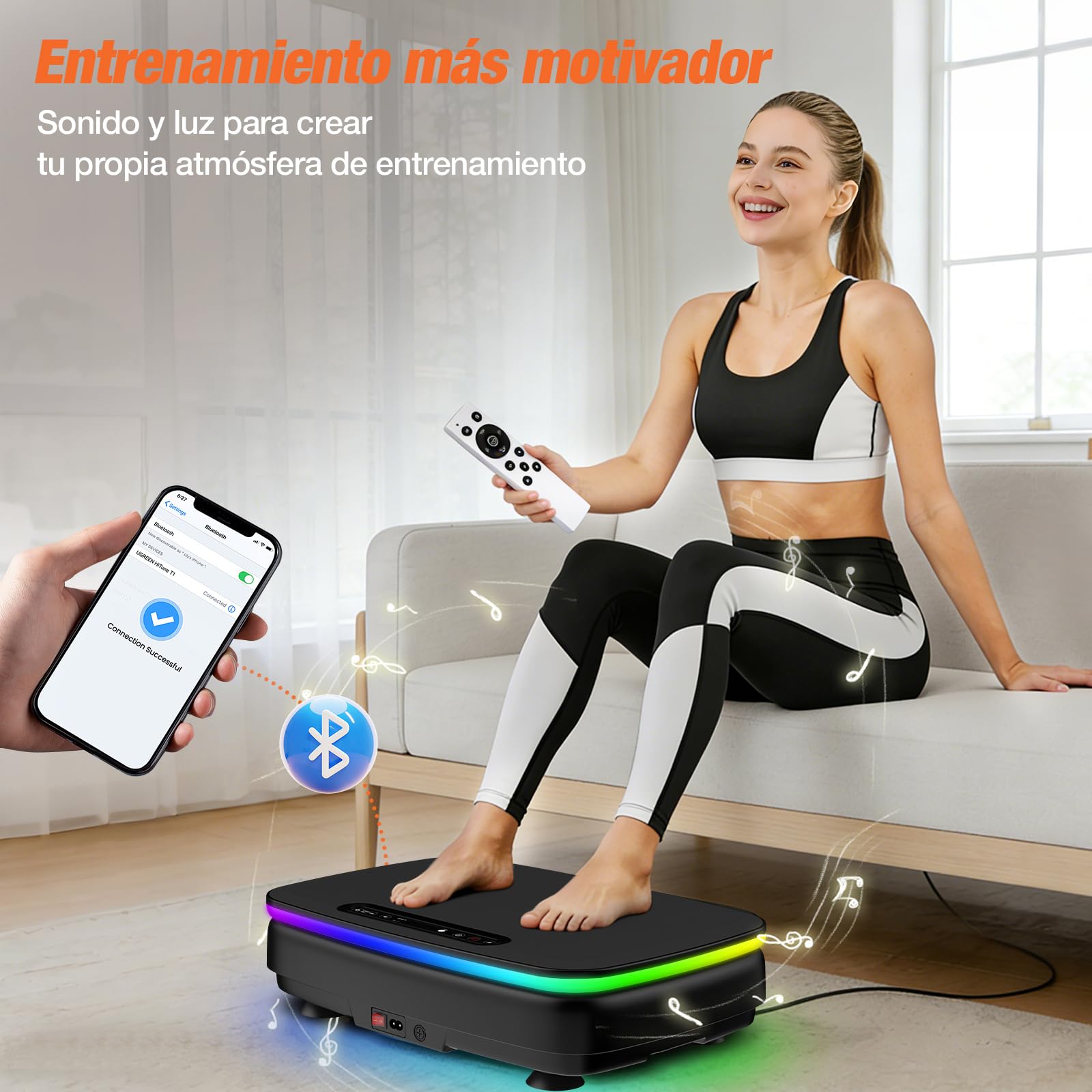 DH FitLife Plataforma Vibratoria Silenciosa y Estable para Casa, 0–99 Niveles, 9 Programas Automáticos, Sin Impacto con Ventosas Antideslizantes, Bluetooth, Bandas y Mando, 150 kg