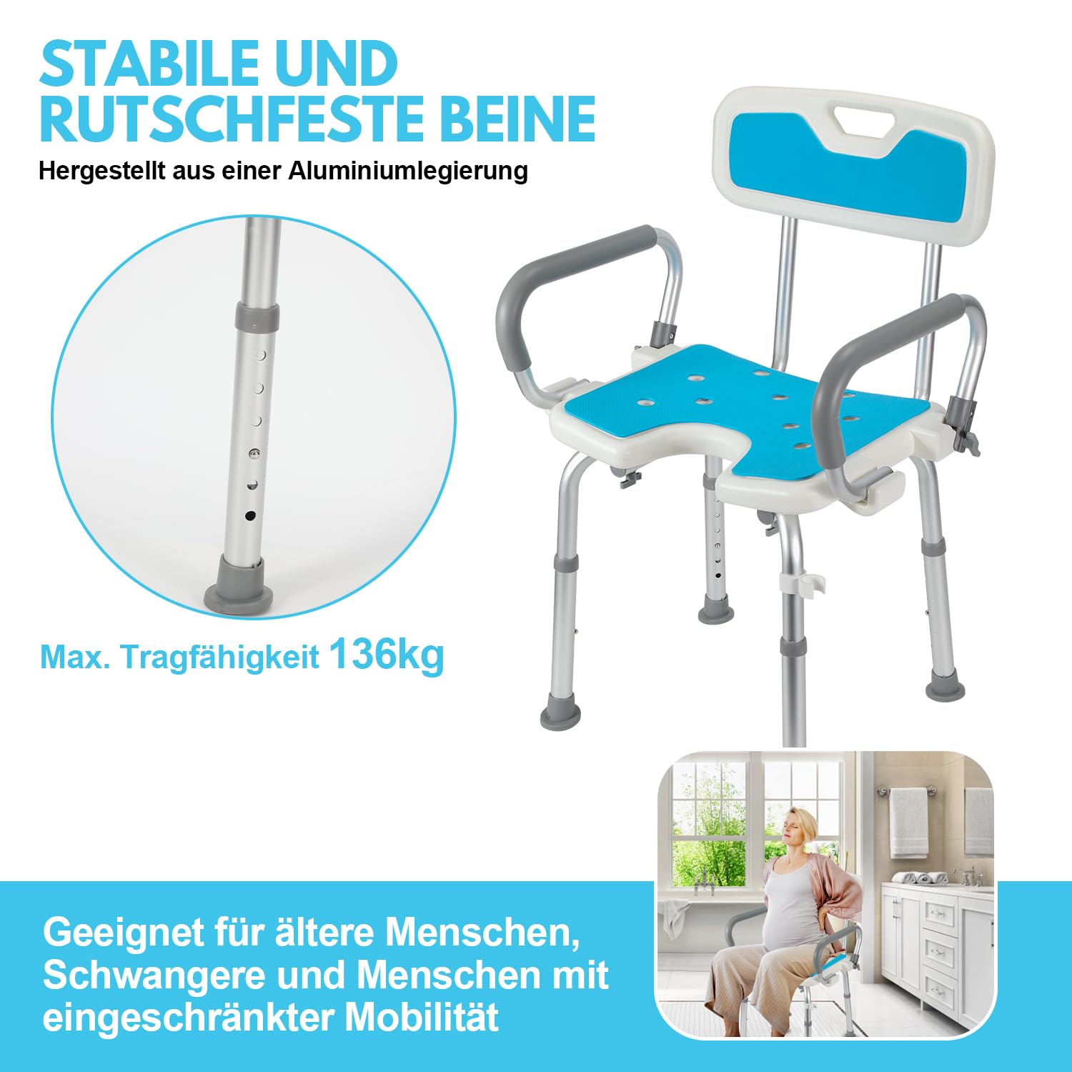 Randaco Taburete de Ducha con reposabrazos y Respaldo Desmontables,Silla Ducha Mayoresaltura Regulable, Aguanta 136kg,Silla Baño Ancianos Ducha Antideslizante