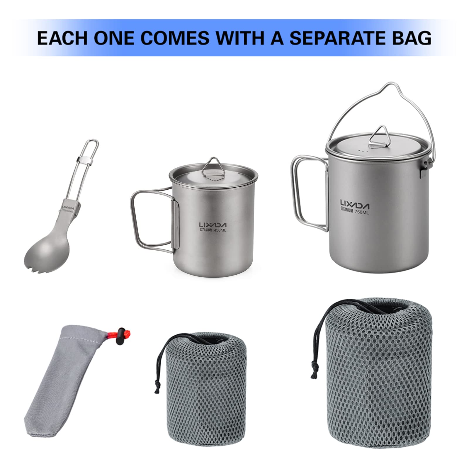 Lixada Titanium Pot Water Cup 3 Piece Set 750ml Pot and 450ml Water Cup Mug with Lid Collapsible Handle Folding Spork - Image 3