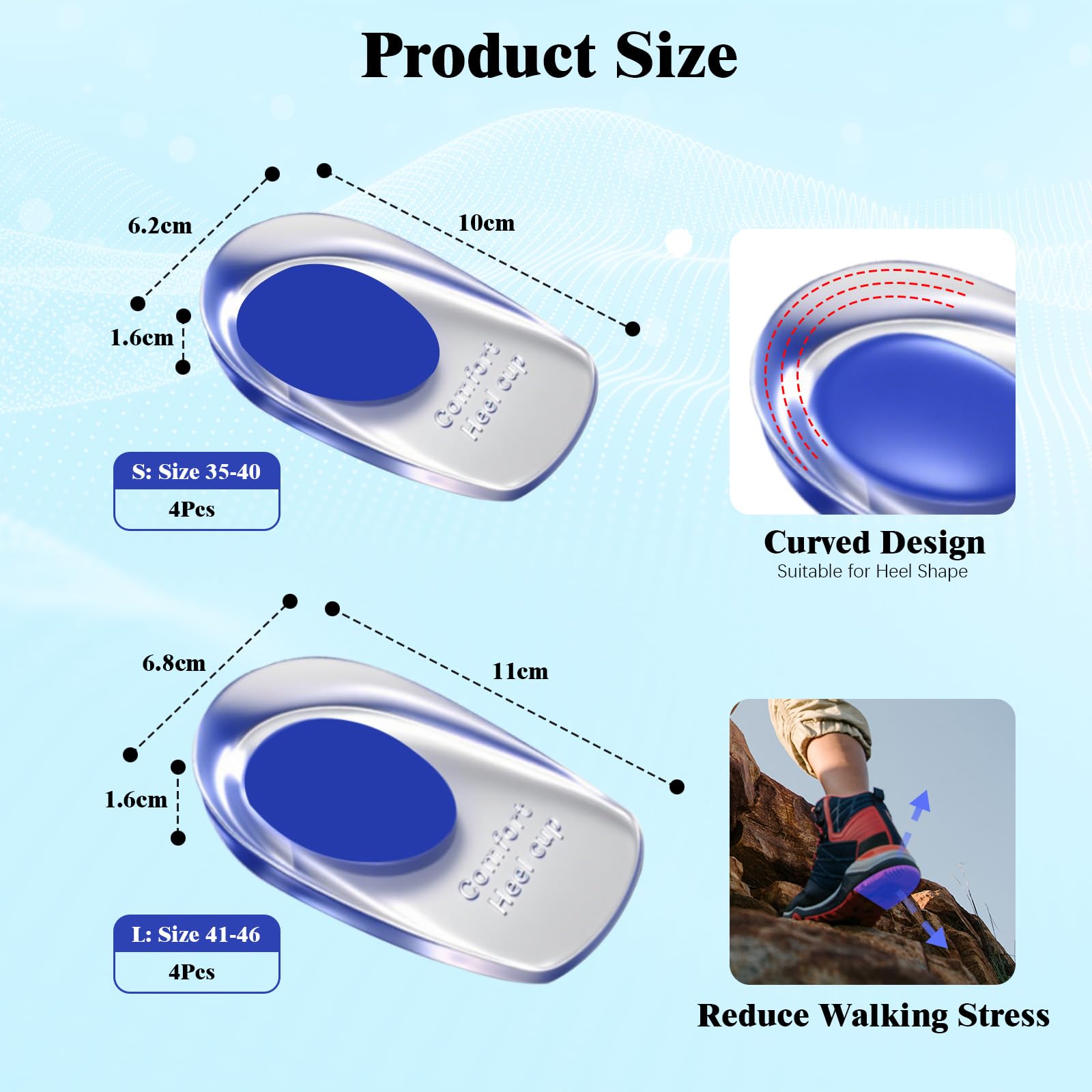4 ParesTaloneras Silicona, Almohadillas de Gel para Talones, Taloneras Fascitis Plantar, Plantillas de Talón Gel, Reducir los Golpes, para Fascitis Plantar, Espolon Calcaneo, Azul